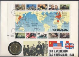 Nagy-Britannia 1965. 1C "Churchill" aranyozva nagyalakú érmés, bélyeges borítékon USA kisívvel "II. Világháború" T:2