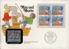 Svájc 1984. "Pro Juventute-Max és Moritz" bélyeg formájú Ag emlékérem érmés, bélyeges borítékon borítékon T:BU