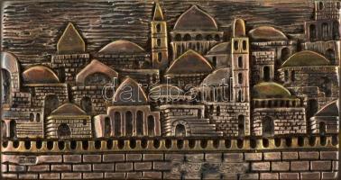 Jeruzsálem, ezüstözött kisplasztika, Zadok Arts, üveg kereten, 5,5×10 cm
