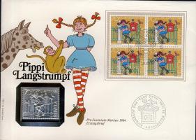 Svájc 1984. "Pro Juventute-Harisnyás Pippi" bélyeg formájú Ag emlékérem érmés, bélyeges borítékon borítékon T:BU