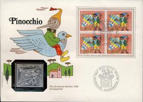 Svájc 1984. "Pro Juventute-Pinokkió" bélyeg formájú Ag emlékérem érmés, bélyeges borítékon borítékon T:BU