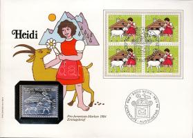 Svájc 1984. "Pro Juventute-Heidi" bélyeg formájú Ag emlékérem érmés, bélyeges borítékon borítékon T:BU