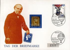 NSZK 1992. "Kék Mauritius" bélyeg formájú Ag emlékérem aranyozva érmés, bélyeges borítékon borítékon T:1 Ismertetővel!