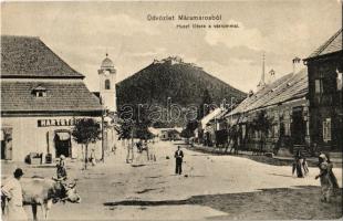 Huszt, Chust, Khust; Fő tér, várrom, Hartstein üzlete / main square, castle ruins, shops