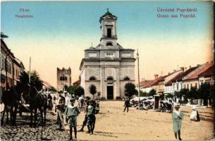 Poprád (Tátra, Tatry); Fő tér, templom, Csonkatorony,  piac / main square, church, tower, market