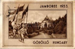 1933 Gödöllő, Cserkész Jamboree / International Scouting Jamboree in Hungary, boy scouts with flags + 1933 Gödöllő IV. Jamboree So. Stpl. (EK)