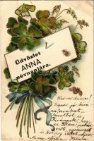 Üdvözlet Anna Névnapjára / Anna Nameday greeting art postcard, golden decorated, clovers litho (EB)