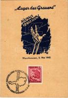 1945 Mauthausen, Lager des Grauens. Niemals vergessen! / Mauthausen Concentration Camp memorial art postcard. Camp of Horror + 1946 Anniversary of the liberation of K.Z. Mauthausen So. Stpl (non PC) (EK)