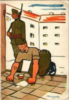 II. világháborús, humoros magyar katonai lap; kiadja Bruck Mihály / WWII Hungarian military art postcard s: Magyarász (kis szakadás / small tear)