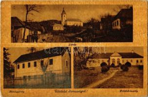 Sarmaság, Sarmasag; látkép, templom, Pénzügyőrség, Frőhlich kastély / general view, church, finance guard and customs office, castle + 1944 Magyar Királyi Mozgóposta vasúti bélyegző (EK)