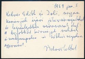 1959 Lukács Györgyné Jánosi (Bortstieber) Gertrúd saját kézzel írt köszönő sorai Lukács György névjegykártyáján Vas Zoltán 56-os államminiszternek