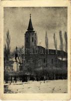 1944 Nagykáta, Római katolikus plébániatemplom télen (EK)