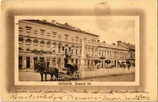 1918 Szolnok, Kossuth tér, Dr. Szegő fogorvosi rendelője, Boros Béla, Tresser József üzlete, Tiszavidéki Hitelintézet és Takarékpénztár, Külső Szolnok Megyei Takarékpénztár. Kiadja Varga József (EK)