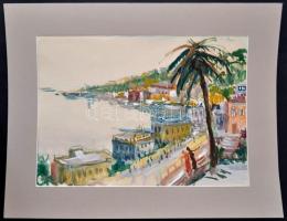 Jelzés nélkül: Mediterrán tengerparti város. Akvarell, papír, 29×40 cm
