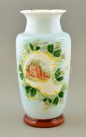 Részben kézzel festett fújt tejüveg váza, jelzés nélkül, apró kopásnyomokkal, m: 25,5 cm