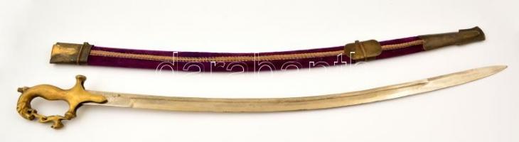 Indiai szuvenír kard, bársonyborítású, fém szerelékes fa hüvelyben, réz markolattal, teljes hossz: 86,5 cm