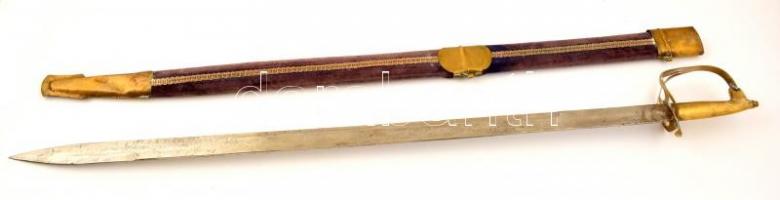 Díszkard indiai pengével, bársonyborítású hüvellyel, a hüvelyen gravírozással: 50. születésnapjára MN ÉKFI, teljes hossz: 86 cm