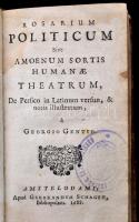 M[usladini]: Sadi: Rosarium politicum, sive amoenum sortis humanae theatrum. De Persico in Latinum versun, & notis illustratum, a Georgio Gentio. Amstelodami (Amsterdam), 1688, Gerbrandum Schagen, 3 sztl. lev.+1 t. (rézmetszetű címlap)+11 szt. lev.+372 p.+12 t.(rézmetszetű tábla.) Latin nyelven. Korabeli egészbőr-kötés, magánkönyvtári címkével, intézményi bélyegzésekkel, kopott borítóval, öt lapon és egy képtáblán (146 p.) keresztben szakadás, egy képtábla szélén kis sérüléssel (191 p.), egy képtábla szélén apró szakadással (218 p.), egy lap hiánnyal (121/122.), foltos lapokkal, a kötéstáblák belsejéről a lapok leváltak.  Shirazi Saadi (Abu-Muhammad Muslih al-Din bin Abdallah Shirazi (1210-1291/192) iráni költő Gulistan, A rózsa kert c. művének 1688-as Amsterdamban kiadott latin fordítása./  M[usladini]: Sadi: Rosarium politicum, sive amoenum sortis humanae theatrum. De Persico in Latinum versun, & notis illustratum, a Georgio Gentio. Amstelodami (Amsterdam), 1688, Gerbrandum Schagen, 6 p.+ 1 t.(copper engraving title page)+22+372 p.12 t.(copper engraving tables.) In Latin Language. Full leather-binding, with library label and stamps, with worn cover, 5 damaged pages and 1 damaged table (146 p.), one table edge little bit damaged (191 p.), and one table edges little bit raunchy (218 p.), one page lost (121/122 p.), with some spotty pages, the papers coming out from the inside of the cover tables.  Saadi of Shiraz (Abu-Muhammad Muslih al-Din bin Abdallah Shirazi (1210-1291/192) Gulistan, The Rose Garden. Work of Persian poet and prose writer.