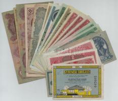 23db-os vegyes magyar korona, pengő és forint bankjegy, közte egy szerencsesorsjegy T:III-III-