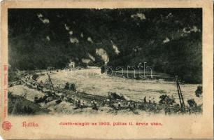 Ruttka, Vrutky; Vág völgyi vasútvonal az 1903. július 11. árvíz után, Justh-alagút, javítási munkálatok. Sochán 198. / railway tunnel with reconstruction workers after the flood (restaurált hátoldal / restored backside)