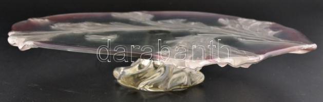 R. Lalique jelzéssel talpas kínálótál, formába préselt, plasztikus levélformával, hibátlan, d:35 cm,...