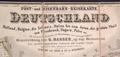 1861 Németország és Közép-Európa posta- és vasúti térképe, vászonra kasírozva, 76×65 cm