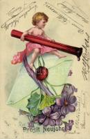 New Year greeting, children Emb. Litho