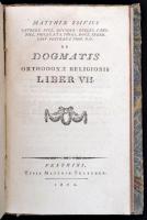 [Zsivics Mátyás]: Matthiae Zsivics: De dogmatis orthodoxae religionis. Liber V., VI, VII. (Egybekötve.) Pesthini (Pest), 1804, Typis Matthiae Trattner, 8+488+8+114+2+6+80 p. Latin nyelven. Korabeli kartonált papírkötés, kopott borítóval, a gerincen kis sérüléssel, foltos lapokkal.
