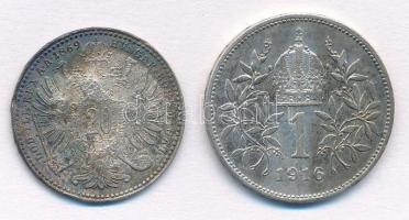 Ausztria 1869. 20kr Ag "Ferenc József" + 1916. 1K Ag "Ferenc József" T:II,III pa...