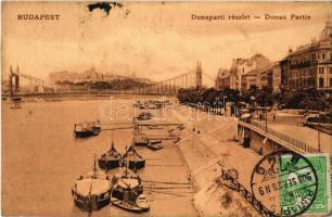 1908 Budapest, Erzsébet híd, Duna parti részlet, uszályok, hajók. TCV card (EK)