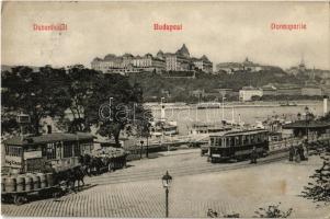 1910 Budapest V. pesti rakpart, szemben a királyi várral, villamos, Lánchíd ingahajó kikötő. Kalodont fogkrém reklám