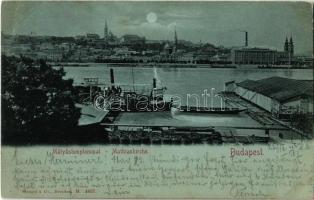 1898 Budapest V. Pesti rakpart szemben a Mátyás templommal, gőzhajó kikötő, este, Dunai fürdőház (?)