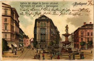 1901 Budapest VIII. Kálvin tér, József és Baross utca, szökőkút, gyógyszertár. Ganz Antal 304. litho (EK)