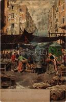 Naples, Napoli; Mercato a Porto / market at the port with vendors. litho