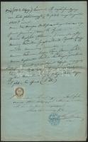 1869 Pest város törvényszéki jegyzője által aláírt okmány, 50 kr okmánybélyeggel