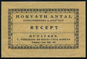 cca 1910 Budapest Horváth Antal V. Nap gyógyszertára receptboríték