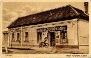 Tata, Tata-Tóváros; Vasút utca, Varga Ferencné üzlete, kerékpár a bolt előtt, sütöde. Varga Ferencné saját kiadása (EB)