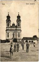 1915 Tata, Tata-Tóváros; Római katolikus templom, Mihály Béla üzlete (ázott sarok / wet corner)