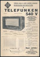 cca 1940-1950 Telefunken 540 V rádió kezelési útmutatója