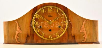 cca 1950 Junghans, Lauffer, 8 napos, ingajáratos asztali óra. Negyedütős, Westminster dallamot játszó, szép hangú szerkezettel. Működő, szép állapotban, kulccsal. / Lauffer Westminster antique mantel clock art deco chiming pendulum (Junghans) Works well.