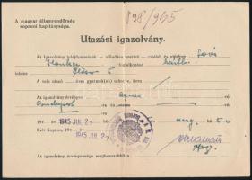 1945 Sopron, A magyar államrendőrség soproni kapitánysága által kiállított utazási igazolvány