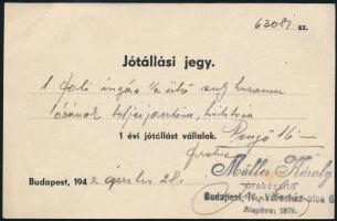 1942 Bp.IV, Müller Károly órakészítő által kiállított jótállási jegy