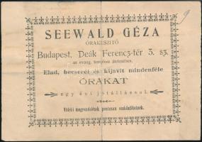 1905 Seewald Géza Órakészítő Budapest Deák Ferenc tér reklámlapja, hátoldalon számlajegyzékkel