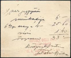 Schober Gyula Ernő zsebóratok-készítő Budapest IV. reklámkártyája, hátoldalon számlajegyzékkel