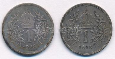 Ausztria 1903-1915. 1K Ag "Ferenc József" (2xklf)  T:2,2- patina
Austria 1903-1915. 1 Cor...