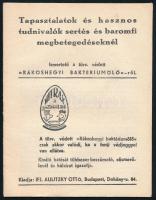 cca 1930 Tapasztalatok és hasznos tudnivalók sertés és baromfi megbetegedéseknél a Rákoshegyi Baktériumölőről, 15p