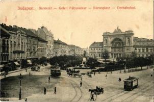 1909 Budapest VII. Baross tér, Keleti pályaudvar, villamosok, Arany Sas szálloda, Erzsébetvárosi Hitelbank (fa)