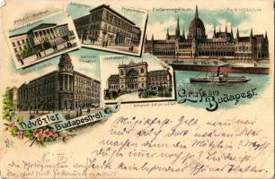 1897 (Vorläufer!) Budapest, Nemzeti múzeum, Műegyetem, Nemzeti színház, Központi pályaudvar, új országház. Art Nouveau, floral, litho (EK)