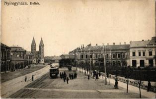 1909 Nyíregyháza, Beltér, villamos, templom, Bodnár Pál és Schvarcz József üzlete. Deutsch M. kiadása