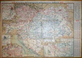 1912 Ausztria-Magyarország közlekedési térképe, színes, litografált térkép, 1:1.500.000, 1912-es naptárral. Wien, Freytag G.&Berndt, vászonra kasírozva, 70x100 cm.